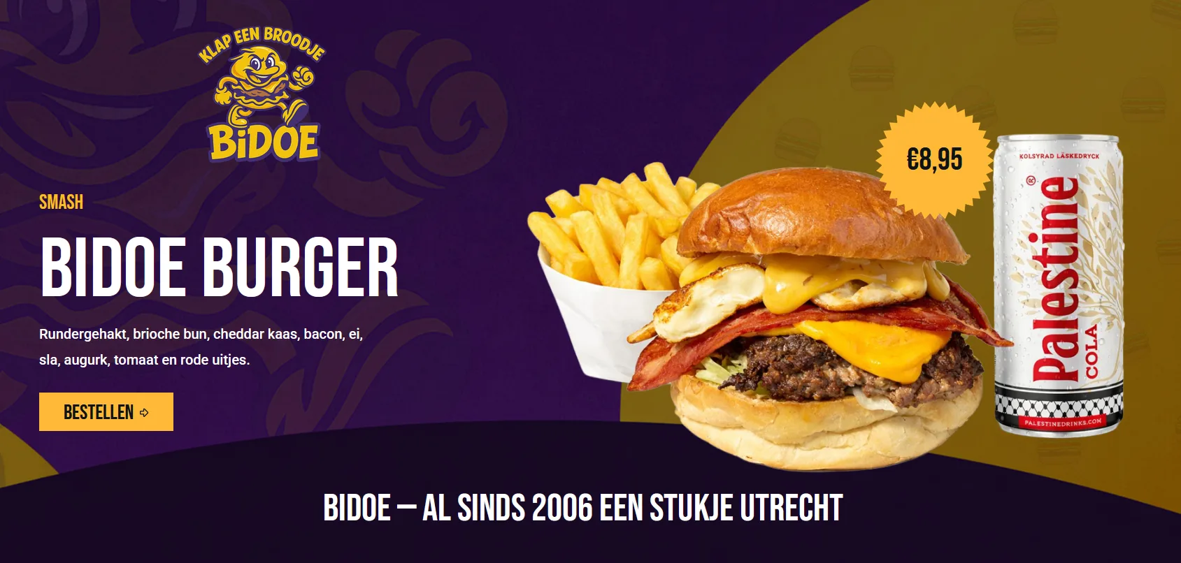 Bidoe eettent website homepage met food visuals